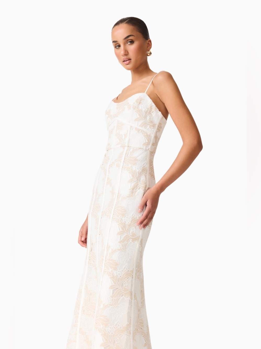 Elliatt Kira Lace-Overlay Midi Dress in Ivory/Gold size S NWT